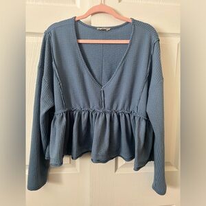Altar'd State Textured Ribbed Blue Peplum Blouse Large